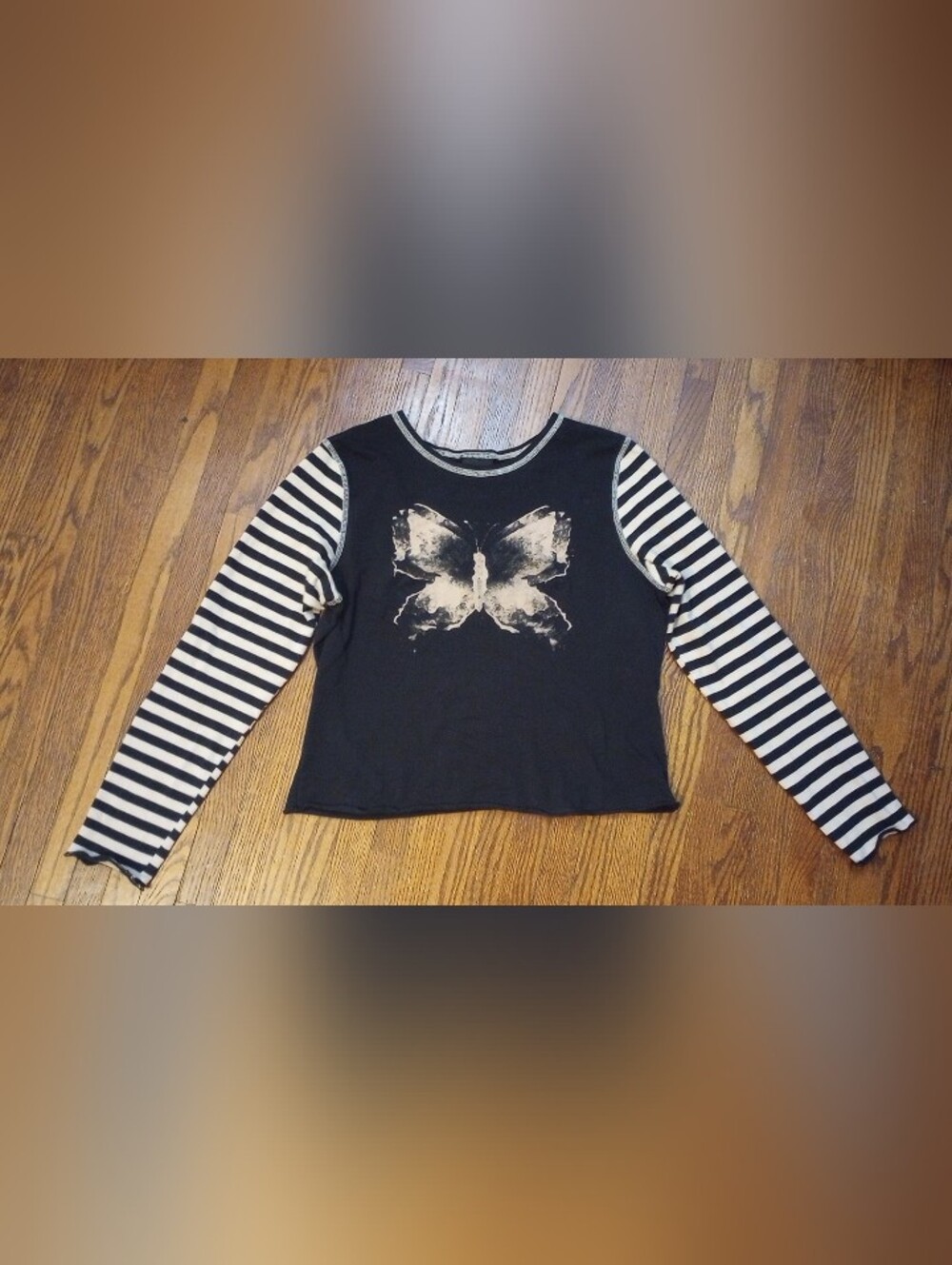 Social Collision Black & White Striped Sleeve Butterfly Crop Top, Size L